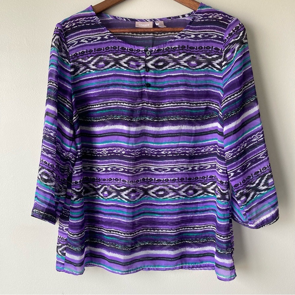 Chicos Purple Ikat Striped Button Front 3/4 Sleeve Blouse Top Size 1 16211321
